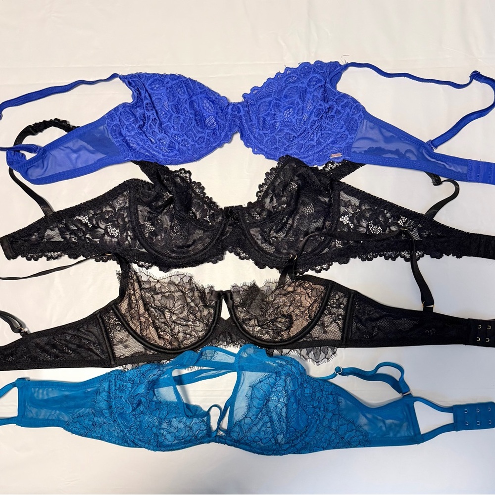 Women’s Lace Underwire Bras - Blue, Black & Teal, Set of 4